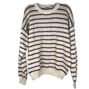Gulf Traders Sweater Crew Geometric Stripe White Red Blue Tan Knit Mens Large